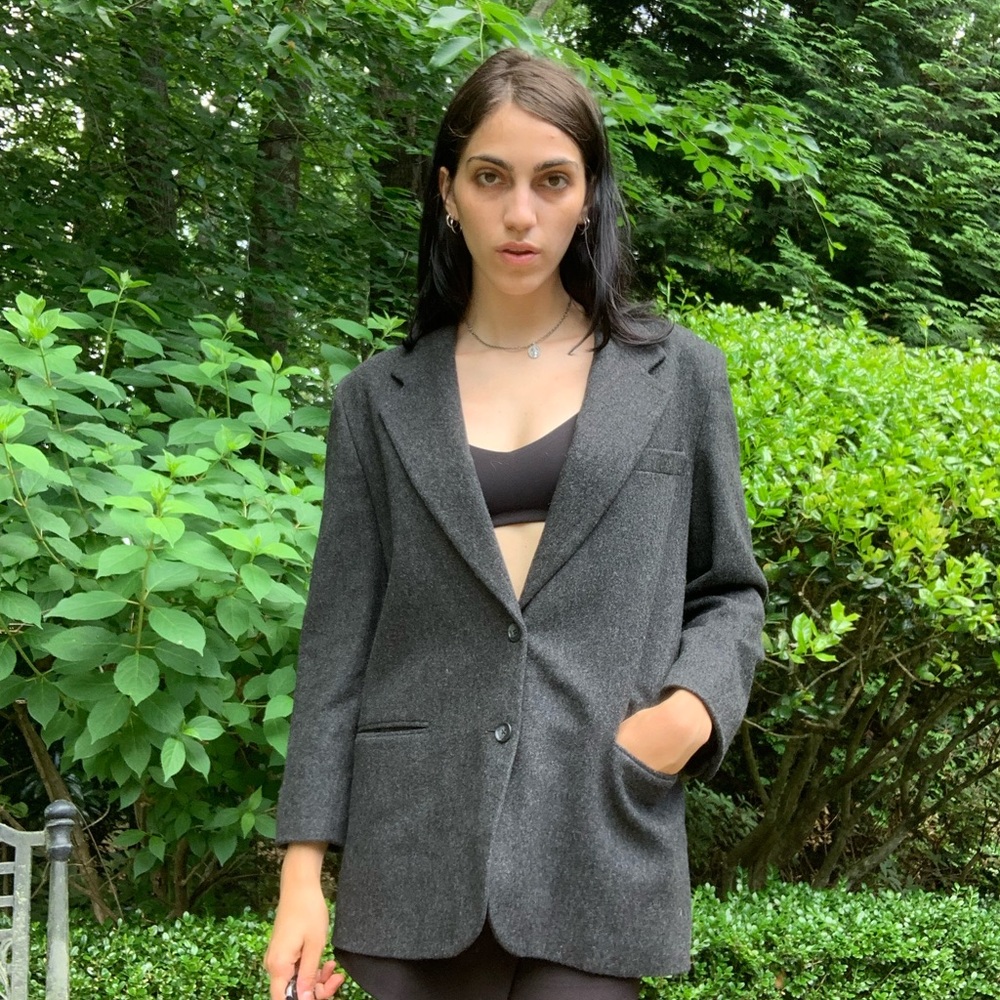 Dark gray wool blazer.